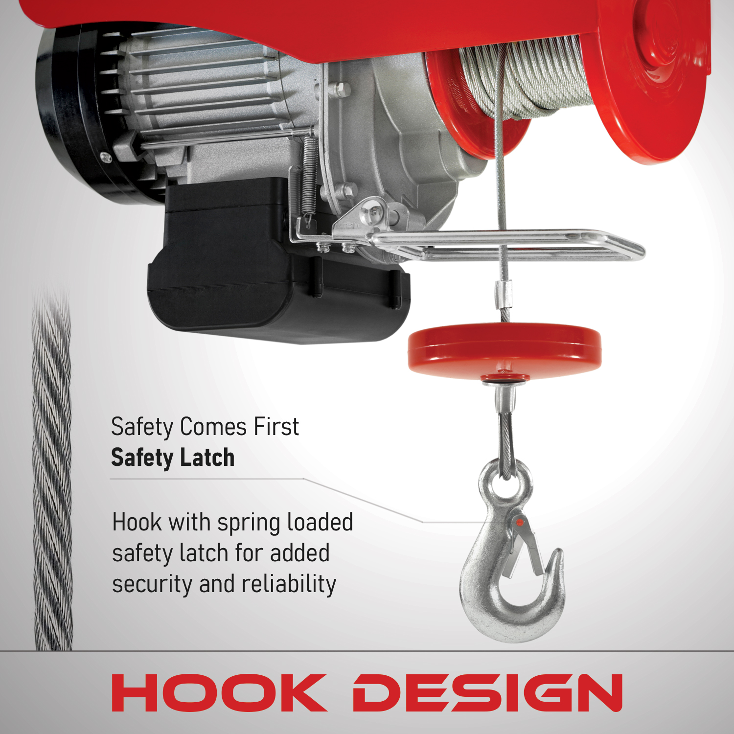 Hook closeup view of Admalite 1 ton cable hoist
